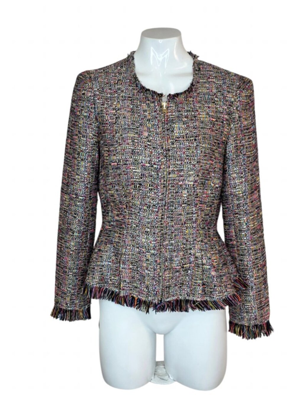 Club Monaco Women's Tweed Zip-Up Jacket 2 — Fringe Trim, Multi Colour